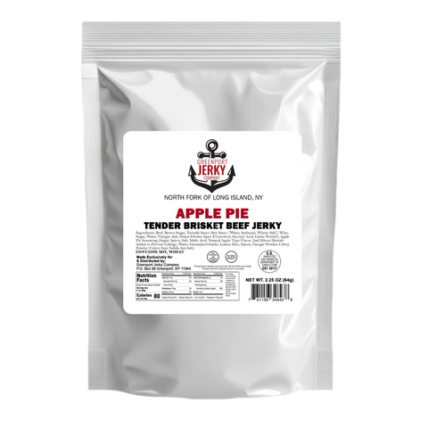 Apple Pie Tender Brisket Beef Jerky bag from Greenport Jerky Company, silver resealable pouch with white label and nutrition info.