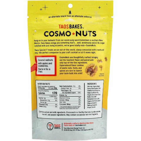 Taos Bakes CosmoNuts Apple Spiced Walnuts, 4.0-oz, back of bag nutrition facts