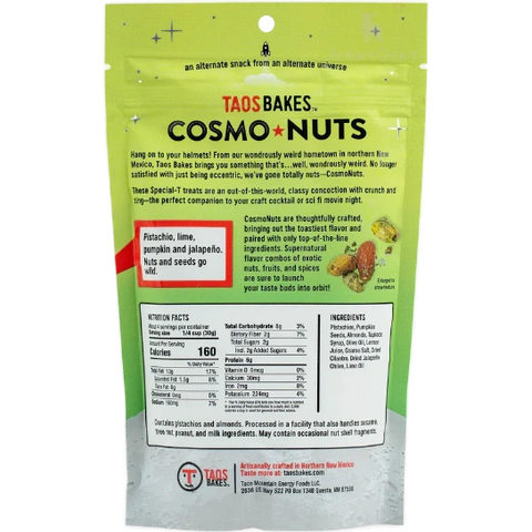 Taos Bakes CosmoNuts Cilantro Lime Pistachios, 4.0-oz, back of bag nutrition facts