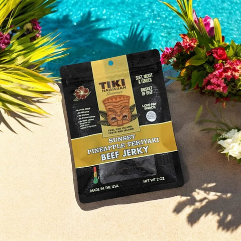 Tiki Hawaiian Gourmet Sunset Pineapple Teriyaki tender beef jerky with tropical beach background