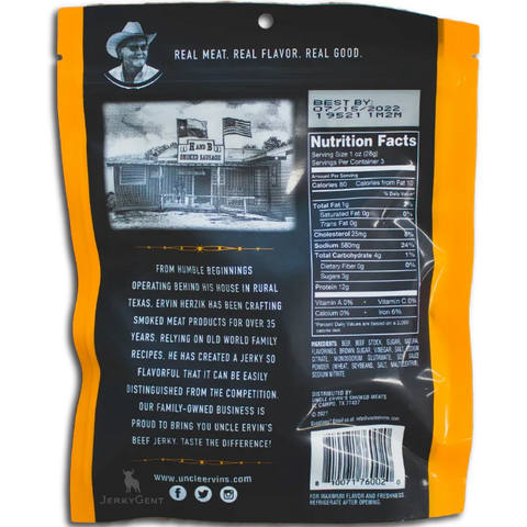 Uncle Ervin's Bohemian Garlic Premium Beef Jerky, 3.0-oz Back of Bag Nutrition Facts