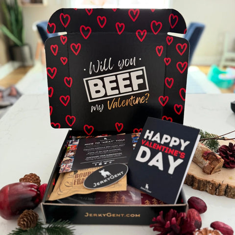 JerkyGent Valentine's Day Beef Jerky Gift Box Opened Showing Included Contents