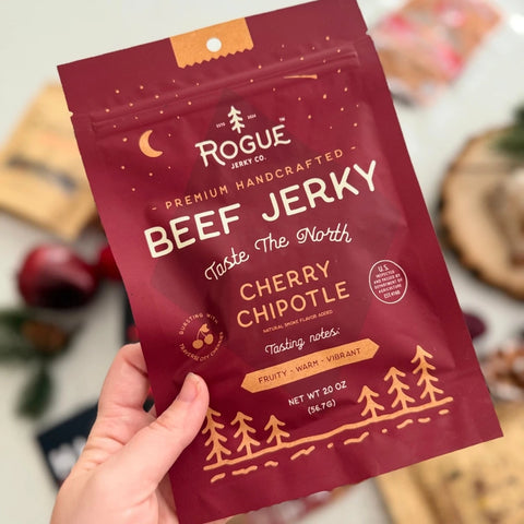 JerkyGent Valentine's Day Beef Jerky Gift Box Showing Rogue Jerky Co. Cherry Chipotle