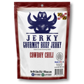 A stand-up pouch of VP Jerky Gourmet Beef Jerky, Cowboy Chili flavor, featuring a white background with a dark red border, a navy blue cowboy silhouette wearing a VP hat, and red text.