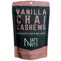 Front view of Nat’s Nuts Vanilla Chai Cashews pouch with bold lettering and sleek black-and-copper color scheme.