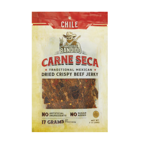 Bag of Vaquero Bandido Chile Carne Seca traditional Mexican dried crispy beef jerky with chili seasoning, 2oz.