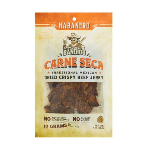 Bag of Vaquero Bandido Habanero Carne Seca traditional Mexican dried crispy beef jerky with habanero peppers, 2oz.
