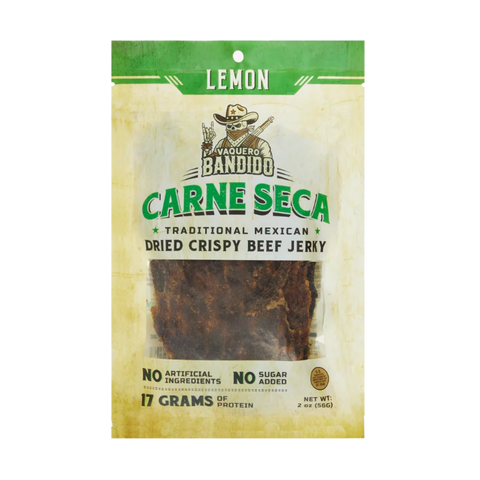 Bag of Vaquero Bandido Lemon Carne Seca traditional Mexican dried crispy beef jerky with lemon seasoning, 2oz.