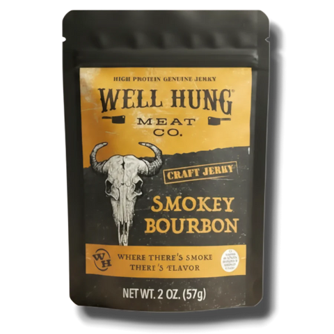 Well Hung Meat Co. Smokey Bourbon jerky package on a white background