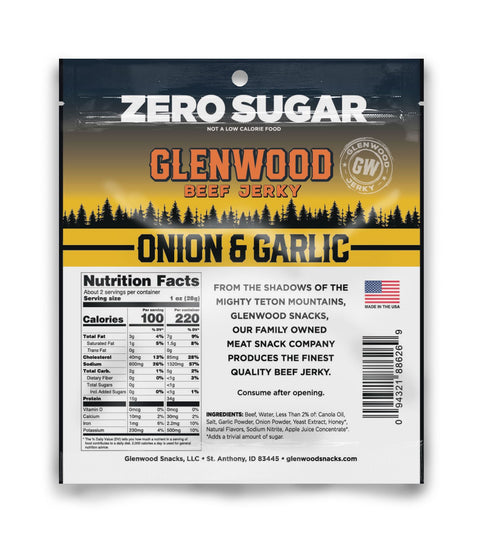 Glenwood zero sugar beef jerky back of package onion and garlic