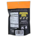 Back of a “Praise the Graze – Eye of the Tiger” beef jerky bag. The packaging features a black and orange color scheme with nutrition facts, ingredient list, and product highlights. Claims include “100% Grass-Fed & Finished Beef,” “No Added Hormones,” “No Antibiotics,” “No Grain,” “No Feedlot,” and icons for No Gluten, No MSG, and Paleo Friendly. Ingredients listed are Beef Ribeye Steak and Redmond’s Sea Salt. Barcode and Arizona Grass Raised Beef Co. branding are visible at the bottom.