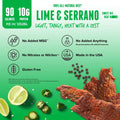 Baja Vida Lime & Serrano Beef Jerky benefits – 90 calories, 10g protein per serving, gluten-free, no added MSG, nitrates, or preservatives, made in the USA with light, tangy heat.