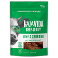 Front of Baja Vida Lime & Serrano Beef Jerky – bold green design with cow in sunglasses, 10g protein per serving, and tagline 'Light, Tangy, Heat with a Zest'.
