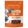 Front of Baja Vida Sweet Orange Beef Jerky – bold orange design with cow in tropical sunglasses, 9g protein per serving, and tagline 'Sweet, Citrus, Tender'.