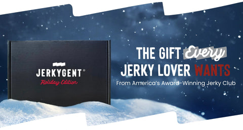 Beef Jerky Gifts Collection banner featuring the JerkyGent Holiday gift box in a pile of snow with the words "The Gift Every Jerky Lover Wants"