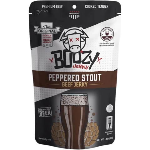 Boozy Jerky Peppered Stout Beef Jerky – black pepper meets bold, malty stout beer.