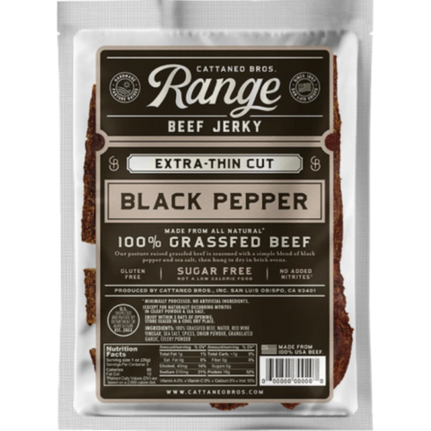 Cattaneo Bros. Range Black Pepper Beef Jerky – lean, firm, and peppered to perfection.