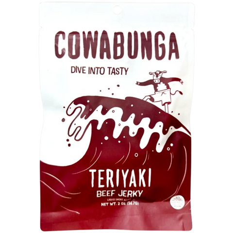 Cowabunga Teriyaki Beef Jerky, thick-cut pieces with a glossy teriyaki glaze.