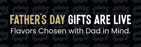 JerkyGent Father's Day sale banner with bold headline reading 'Father’s Day Gifts Are Live' and subtext 'Flavors Chosen with Dad in Mind.' Set against a dark background patterned with mustaches and JerkyGent badge icons, evoking a bold, masculine theme.