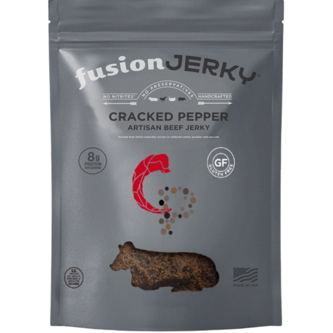 Fusion Jerky Cracked Pepper Beef Jerky – soft, smooth, and a balanced black pepper bite.