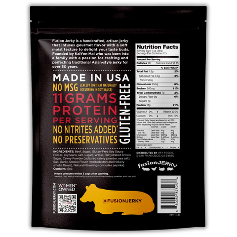 Back of Fusion Jerky Grilled Steak Beef Jerky bag displaying nutrition facts, ingredients, and product highlights like 'Made in USA', '11 grams protein', 'No MSG', and 'Gluten-Free'.