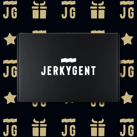 Black box with 'JERKYGENT' logo on a patterned background with 'JG' and gift box symbols.