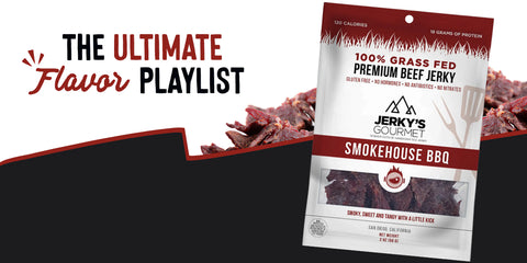 White and red bag of Jerky’s Gourmet 100% Grass Fed Premium Beef Jerky in Smokehouse BBQ flavor. Highlighted benefits include ‘Gluten Free,’ ‘No Hormones,’ and ‘18g of Protein.’ Tagline ‘The Ultimate Flavor Playlist’ appears above in red and black.