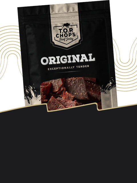 T.O.P. Chops Beef Jerky bag in Original flavor with black and tan color scheme and the phrase ‘Exceptionally Tender.’ Bold design with visible jerky pieces below.