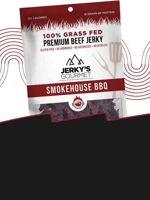 White and red package of Jerky’s Gourmet 100% Grass Fed Beef Jerky in Smokehouse BBQ. Highlights include 18g protein and gluten-free. Grilled meat icon reinforces flavor.