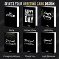 A graphic titled “Select Your Greeting Card Design” showing six JerkyGent greeting card options arranged in two rows. All cards have a sleek black design with white text and JerkyGent branding.