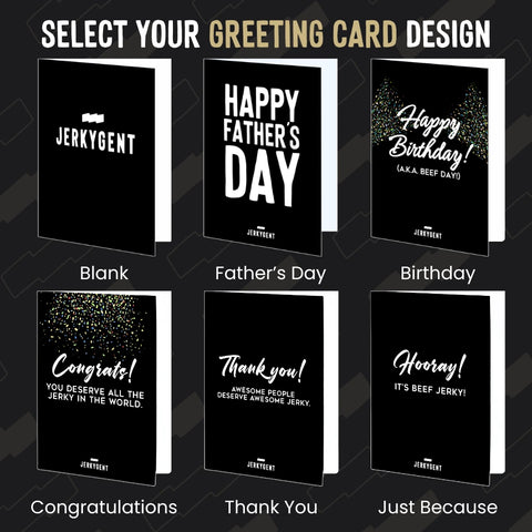 A graphic titled “Select Your Greeting Card Design” showing six JerkyGent greeting card options arranged in two rows. All cards have a sleek black design with white text and JerkyGent branding.