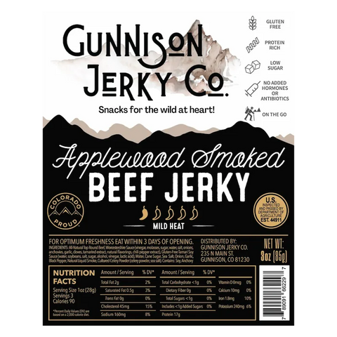 Front packaging of Gunnison Jerky Co. Applewood Smoked Beef Jerky, 3oz bag with nutrition and ingredient callouts
