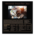 Back label of Gunnison Jerky Co. Applewood Smoked Beef Jerky showing smoker image, nutrition facts, and full ingredients list