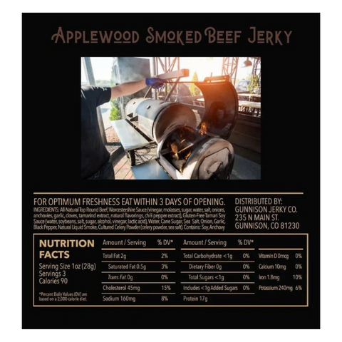 Back label of Gunnison Jerky Co. Applewood Smoked Beef Jerky showing smoker image, nutrition facts, and full ingredients list