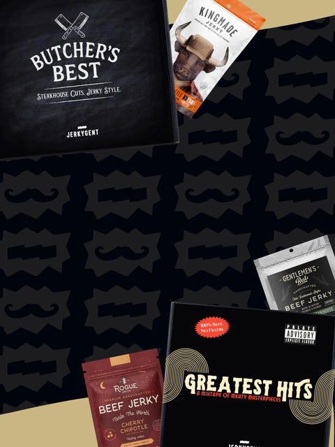 Mobile-optimized Father's Day JerkyGent banner showcasing premium jerky selections like Butcher's Best, Greatest Hits, Rogue Jerky Co.'s Cherry Chipotle, Kingmade Jerky, and Gentlemen’s Best. Set against a dark patterned background of mustaches and JerkyGent logo icons, the design delivers a bold and masculine Father's Day vibe.