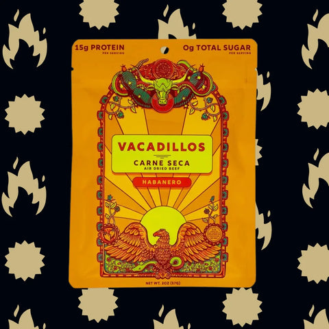 Vacadillos beef jerky package with decorative flame and spicy elements on a patterned background