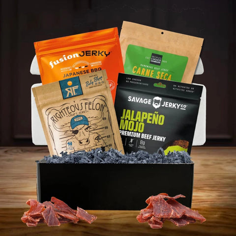 A JerkyGent beef jerky monthly jerky club 4-bag box stuffed with new brands and flavors.