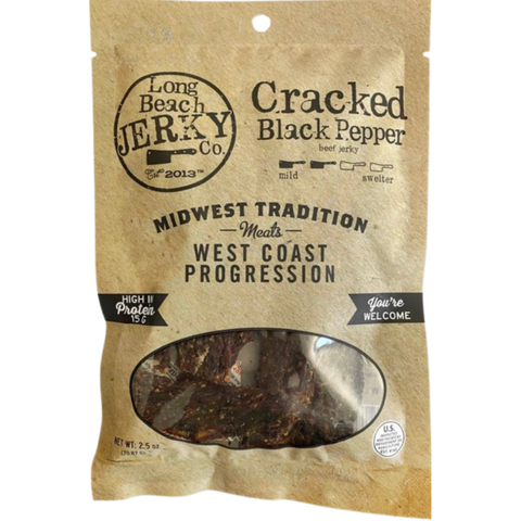 Long Beach Jerky Co. Cracked Black Pepper Beef Jerky – bold, beefy, and bursting with fresh cracked pepper.