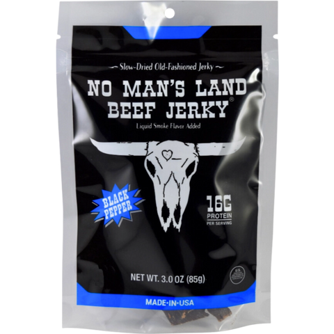 No Man’s Land Black Pepper Beef Jerky – old-school, chewy, and packed with black pepper heat.