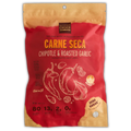 People's Choice Carne Seca Chipotle & Roasted Garlic Beef Jerky - handcrafted, high-protein, zero-sugar beef jerky. Bold red and brown packaging featuring chili peppers and garlic illustrations, emphasizing its smoky and spicy flavor profile.