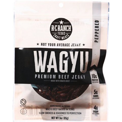 R-C Ranch Peppered Wagyu Beef Jerky – luxuriously tender Wagyu beef meets bold black pepper.