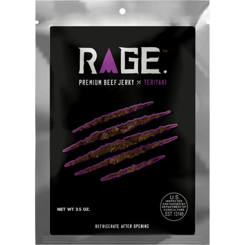 Rage Teriyaki Beef Jerky, deep mahogany color and bold smoky-sweet aroma.