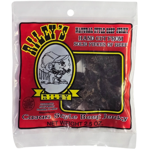 Riley's Jerky Cajun package – bold and spicy beef jerky with a classic Cajun-style seasoning blend. A high-protein snack featuring smoky heat and savory depth.