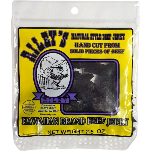 Riley's Jerky Hawaiian package – tropical-inspired beef jerky with a sweet and tangy pineapple glaze. Handcrafted from solid beef for a unique, mouthwatering snack.