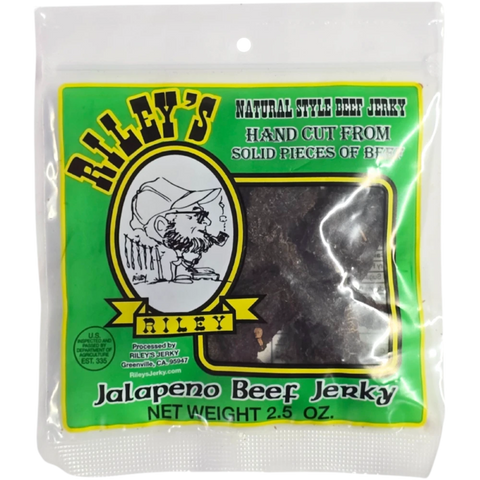 Riley's Jerky Jalapeño package – bold and spicy beef jerky infused with real jalapeño peppers for a fiery kick. Handcrafted from solid beef for a protein-packed, flavorful snack.