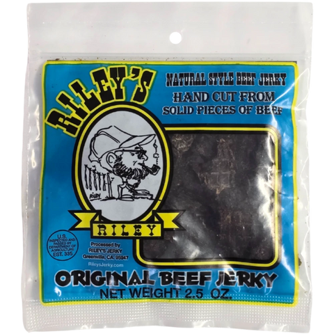 Riley's Jerky Original package – classic handcrafted beef jerky made from hand-cut solid pieces of beef. Naturally dried for a rich, savory flavor.