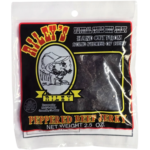 Riley's Jerky Peppered package – seasoned with freshly cracked black pepper for a bold, zesty bite. Made from hand-cut solid beef for a high-protein, savory snack.