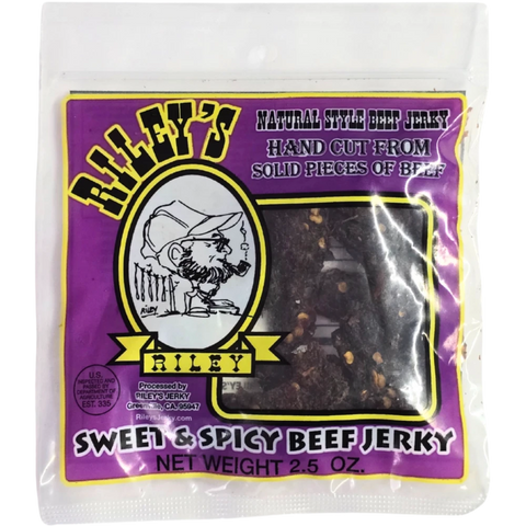 Riley's Jerky Sweet & Spicy package – perfect balance of bold heat and natural sweetness in a handcrafted beef jerky. Made from high-quality beef and packed with flavor.