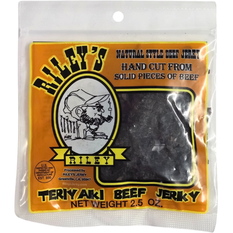 Riley's Jerky Teriyaki package – sweet and savory beef jerky marinated in a rich teriyaki glaze. Tender, handcrafted beef jerky packed with umami flavor.