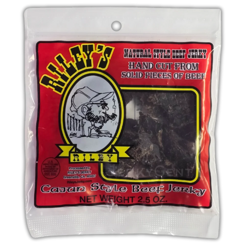 Riley's Jerky Cajun – bold and zesty beef jerky with Southern-inspired spices, featuring hand-cut slices of tender beef in a red and yellow package.